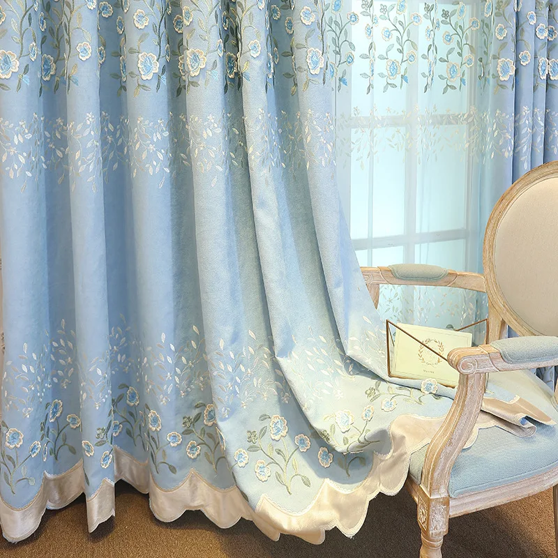 

New Vintage Blue Embroidered Jacquard Curtains for Living Dining Room Bedroom European Style Embossed Yarn Tulle Customization