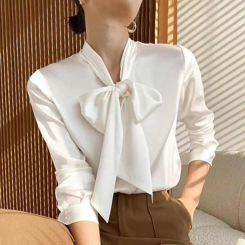새틴 실크 활 셔츠, 오피스 레이디 긴팔 블라우스, 팜므 가디건 상의, 브랜드 품질 용수철, 오버사이즈, 우아한 패션, 여름