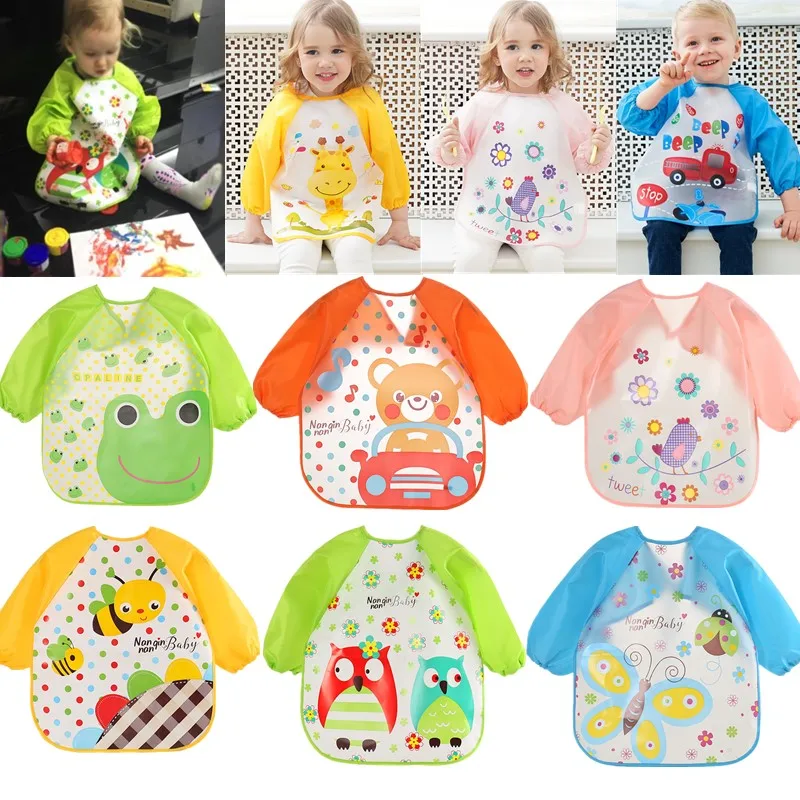 Children Feeding Smock Bib Cute Baby Bibs Waterproof Long Sleeve Apron Burp Painting Drawing Soft Toddler Clothing Bandana Bibs