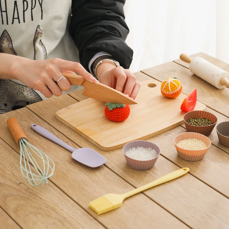 Montessori Kids Play Kitchen Set Pretend Play Cooking Toys Set Kitchen Toys Playset For Toddlers Cutting Board Apron for Kids 3
