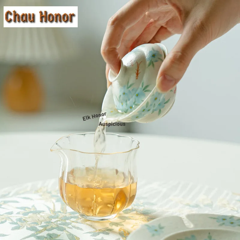 55ml Pure Hand-painted Blue Star Flower Gourd Gaiwan Retro Tea Tureen Tea Bowl With Lid Kit Tea Making Cover Bowl Tea Ceremony