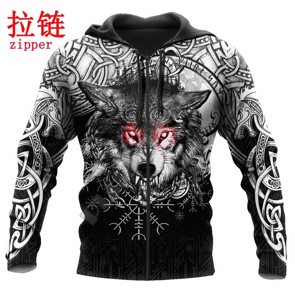 Wolf Tattoo Red Eyes Valknut Symbol 3D All Over Printed Men's Hoodie & Sweatshirt Unisex Zip Hoodies Casual Tracksuits KJ907