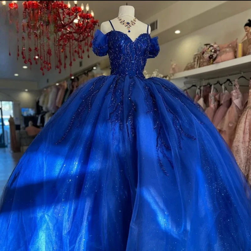 

Мексиканское Королевское синее платье Quinceanera, бальное платье на бретелях-спагетти, расшитое бисером, в пол, милое платье для выпускного вечера и дня рождения, для девушек 15 16