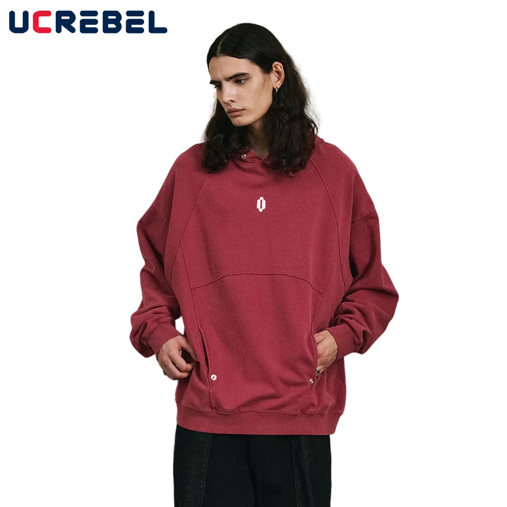 

Solid Color Spliced Hooded Sweatshirts Mens Streetwear Autumn Winter Embroidery Washed Distressed Long Sleeve Sweatshirts Men