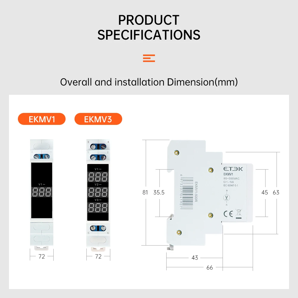 Din 레일 전압 측정기 Ac 220v 230v 380v 80-500V EKMV3 ETEK 용 모듈 형 Led 디지털 3 상 전압계