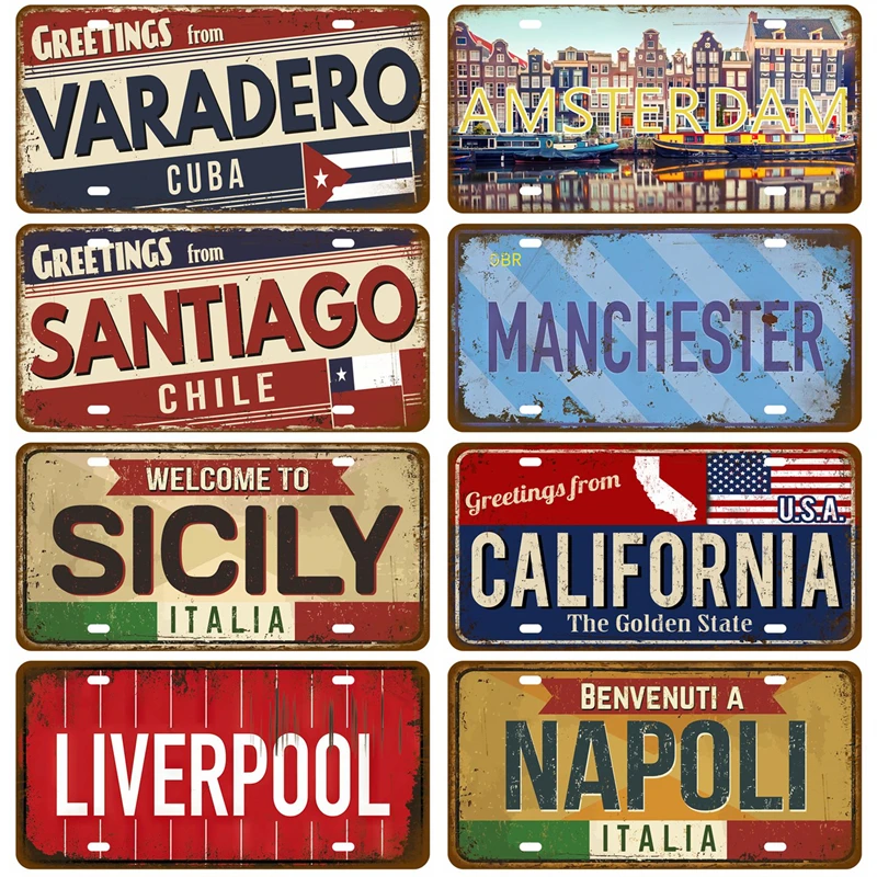 Home Decor Famous City Landmark Metal Sign Vintage Tin Sign For Bar Pub Man Cave Club Wall Decoration License Plate Tin Plaque