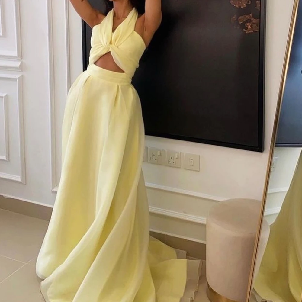 

Carolina Halter Neck A-Line Evening Dresses Women Saudi Arabia Organza Yellow Vintage Wedding Guest Elegant Formal Party Gowns