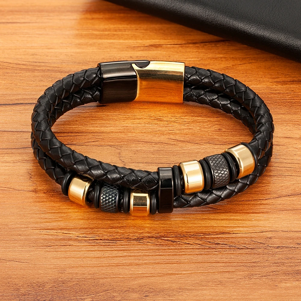 Double Layers Stainless Steel Mens Bracelet Braided Genuine Leather Combination Magnetic Clasp - Image 5