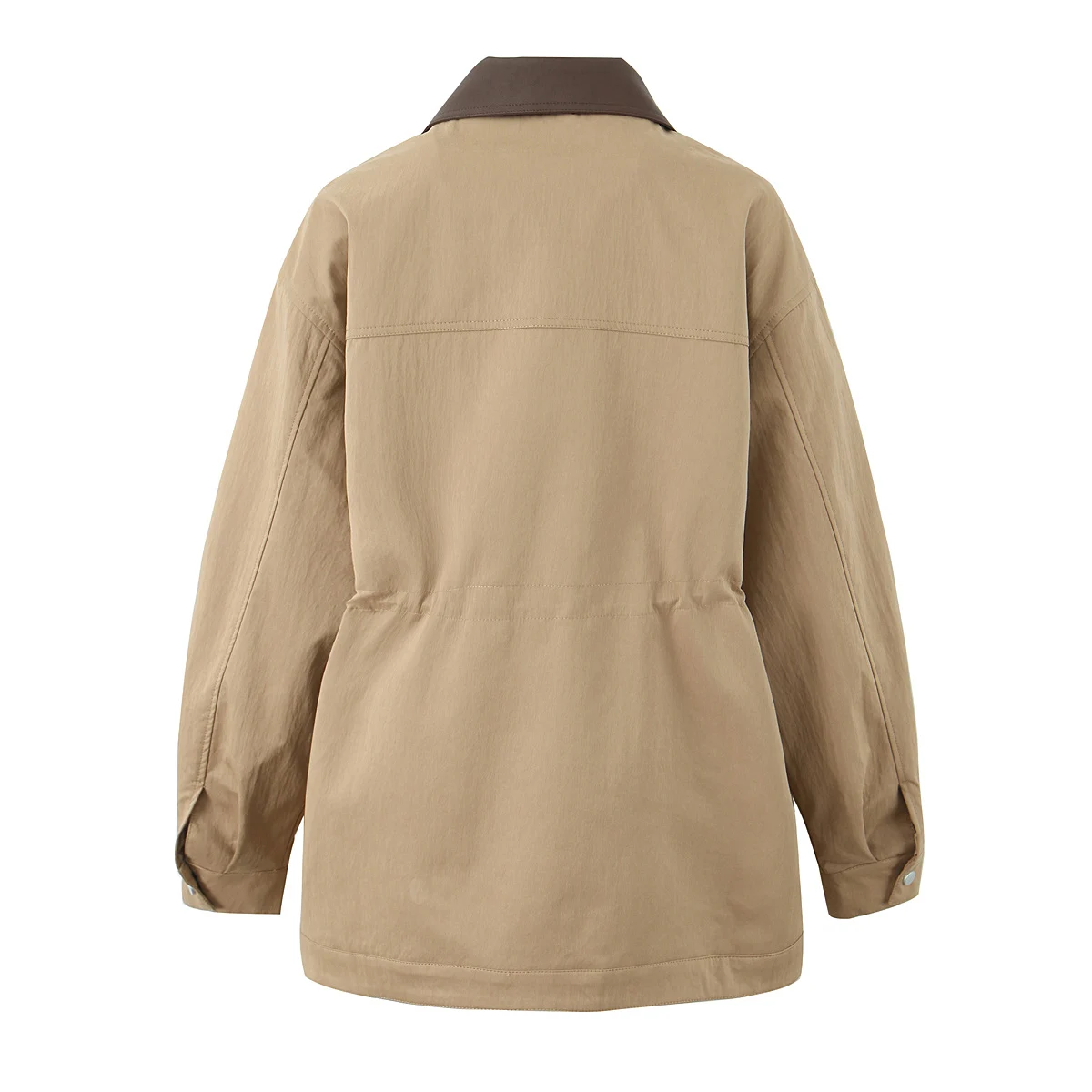 2025 Spring Women Khaki Spliced Faux Leather Lapel Safari