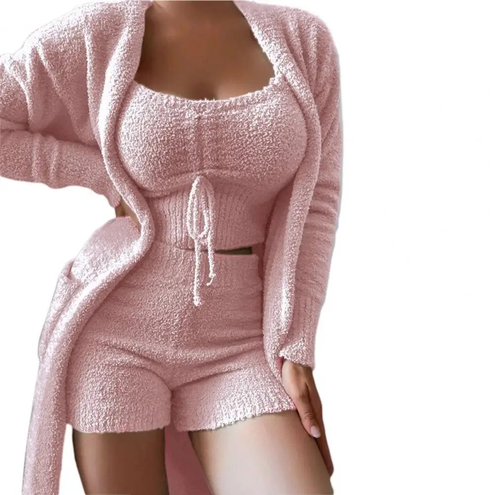 1 Set Top Shorts Coat Solid Color Plush Three-piece Temperament Thick Sleepwear Set for Sleeping womens two peice sets matching workout sets Women's Sets
