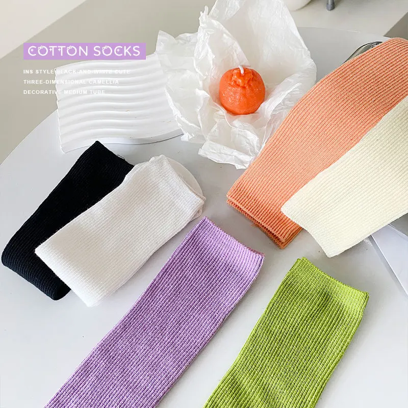 Kids Candy Color Knit Stockings Solid Color Stripe Breathable Cotton Knee High Socks for Girls Middle Tube Socks Free Size 30cm