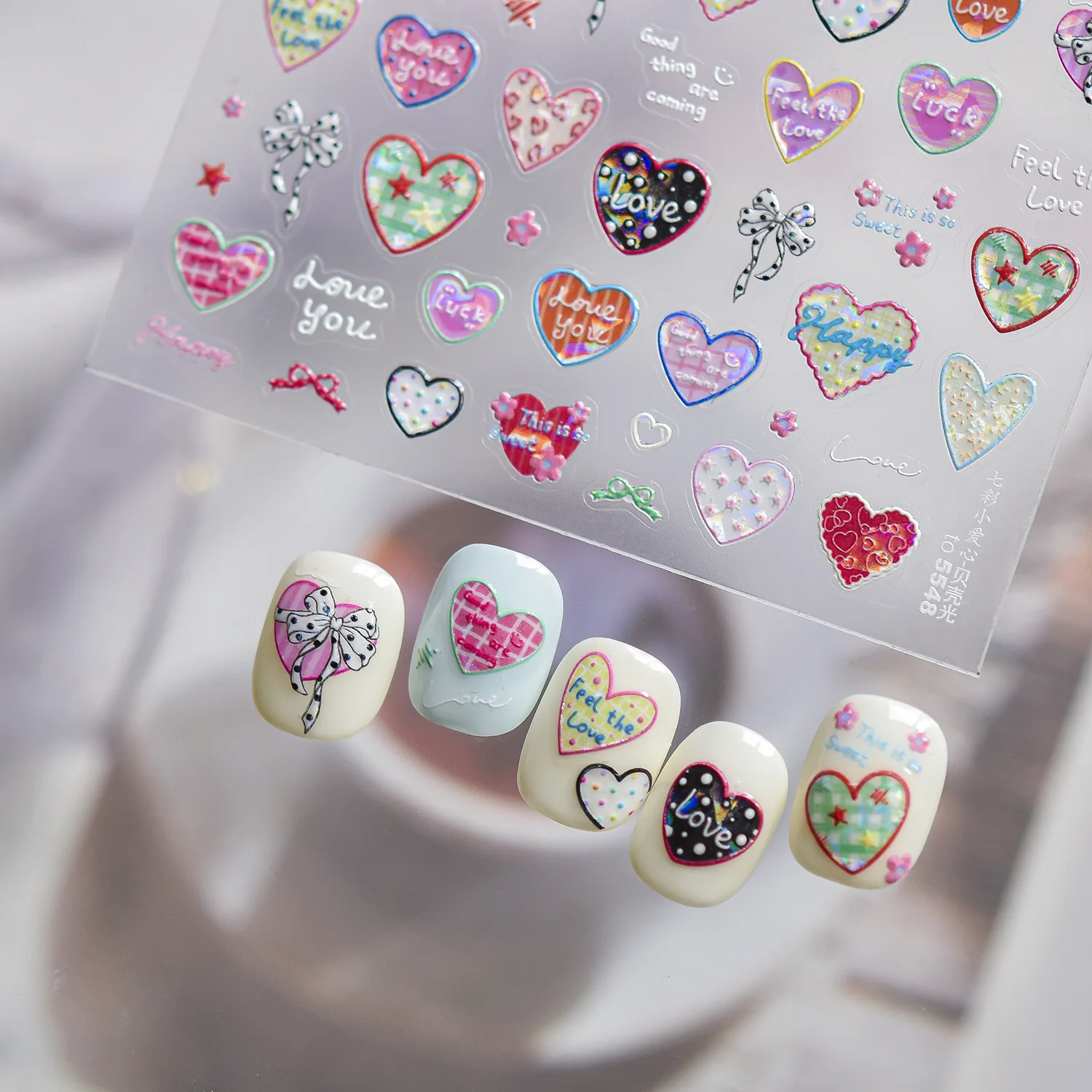 5D 메탈 네일 스티커 달콤한 핑크 하트 플러터링 스타 나비 매력적인 네일 아트 스티커 접착 발렌타인 네일 장식