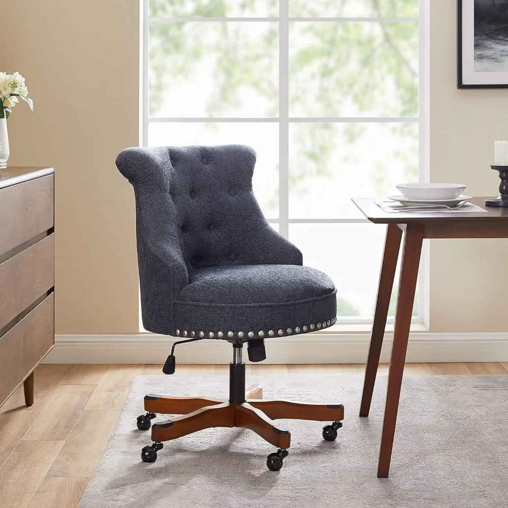 Office Chair with Dark Walnut Wood Base, Blue Desk Chairs globe bar wine stand eucalyptus wood blue