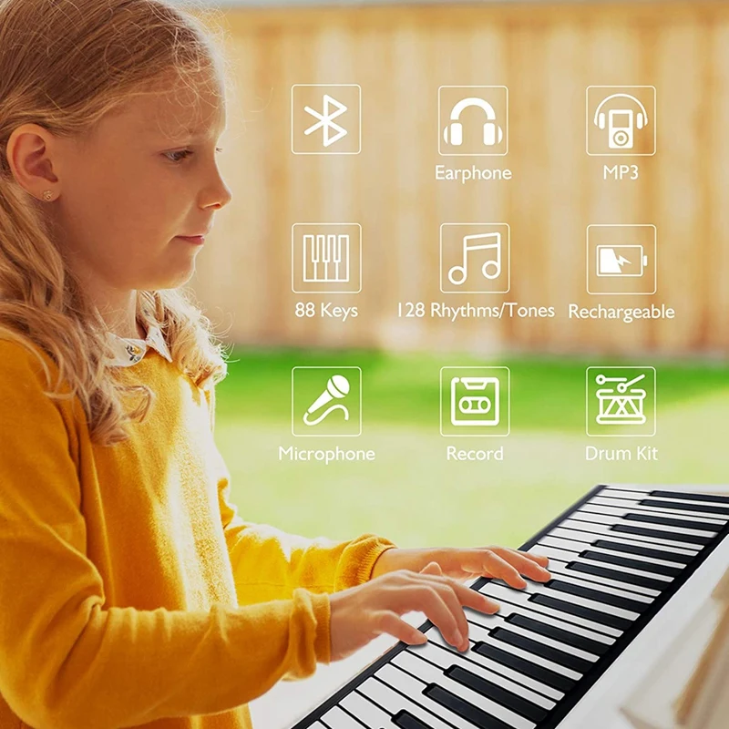 Portable Keyboard Piano Roll Up 88 Keys Electronic Keyboard Flexible Silicone with Rechargeable Battery for Kid Gift