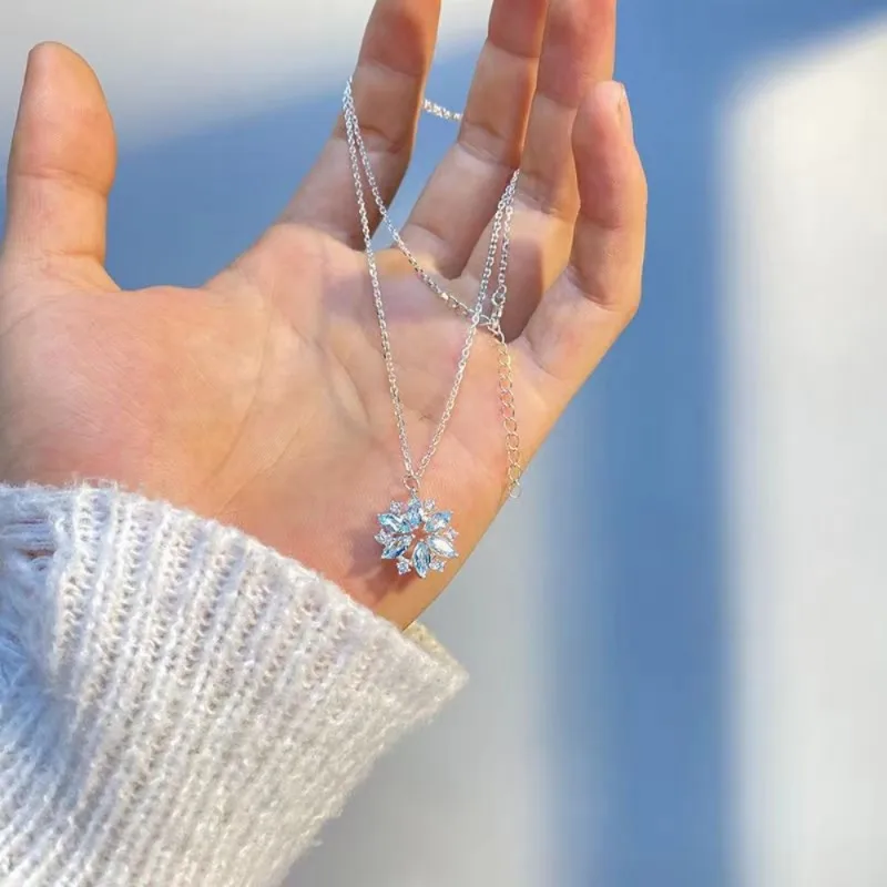 Vintage lady Blue Crystal Snowflake Zircon Flower Necklaces & Pendants Jewelry gift for Women