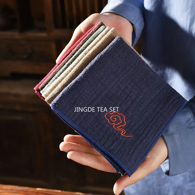 Square Auspicious Cloud Zen Inspired Water Absorbing Tea Towel, Purple Clay Teapot, Pure Cotton Towel, Tea Cushion Cloth 26X26CM