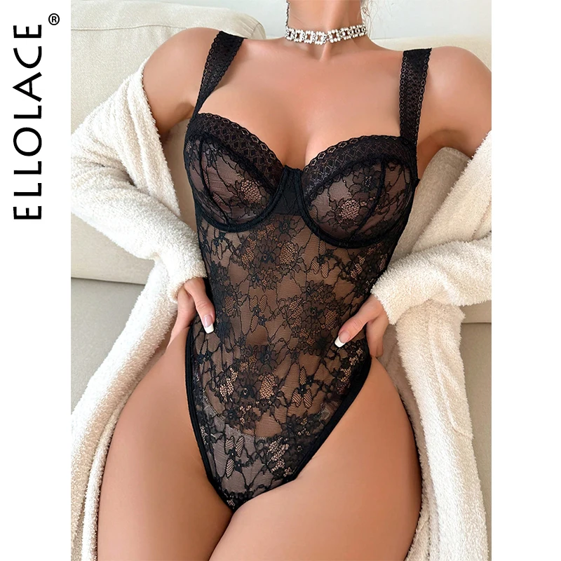 

Ellolace Lace Bodysuit Sexy See Through Top Women High Cut Fantasy Costume Sissy Crotchless One-Piece Body Cheap Elegant Clothes