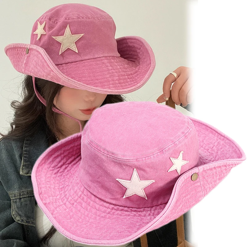 Y2K Punk Bucket Hats Women Pink Stars Retro Big Brim Sun Protection Mountaineering Cap Spring and Summer Outdoor Men's Hat