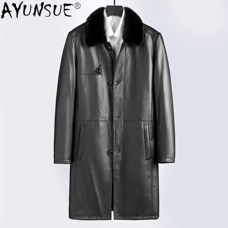 

AYUNSUE Genuine Goatskin Leather Jacket Men Casual Winter Long Fur Coat Mink Fur Liner Fur Jackets Single Breasted Warm Coats