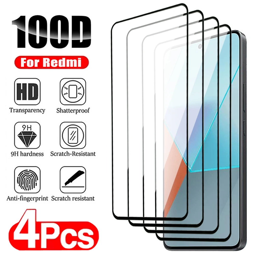 Vidrio Protector completo para Xiaomi Redmi Note 13, 12, 12T Pro, Protector de pantalla templado para Redmi 12C, 13C, A1, A2 Plus, película de vidrio, 4 piezas