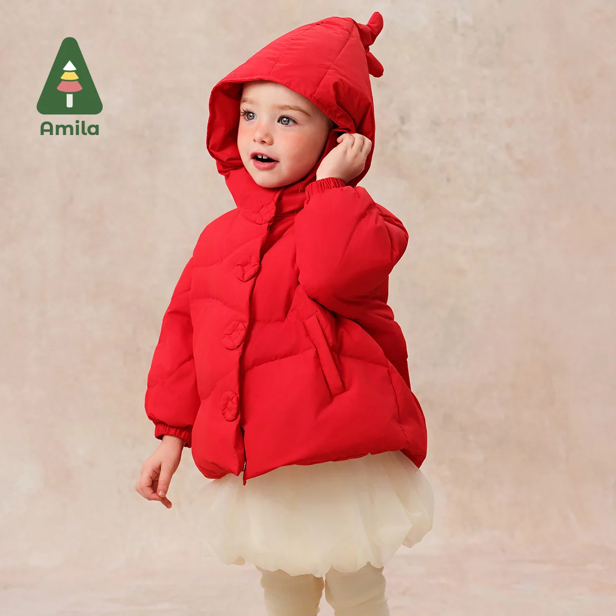 Amila Baby Down Jacket New Winter Girls Chinese Style Fishtail Design Hooded White Duck Down Warm Children's Coat