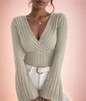 Women's Fall and Winter Long-sleeved Tops, V-neck Sexy Slim Striped Women's Tops, Long-sleeved T-shirt Knitted Bottoming Shirt - Image 3