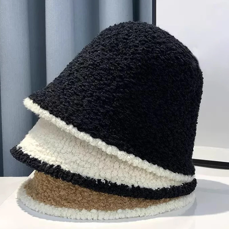 

New Bucket Hat for Women Winter Warm Thick Lamb Fleece Wool Bonnet Cap Panama Fisherman Caps Slouchy Plush Skull Beanie Cap