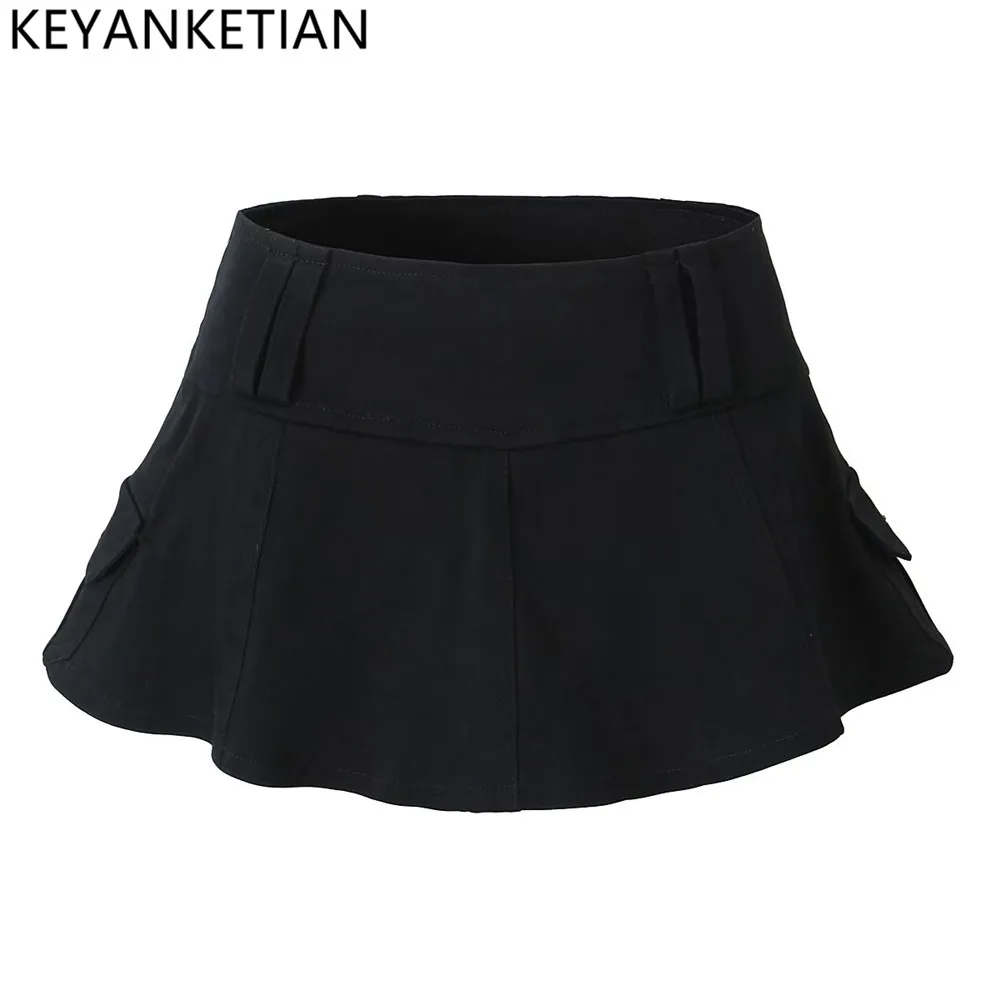 

KEYANKETIAN Summer New Spice Girl Denim Half Skirt Women's Lotus Leaf Trim High Waist Elastic Mini Culottes In Black Y2K