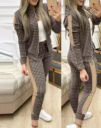 Suit Winter Spring Casual Tracksuit 2 Pieces Set Sports Sweatshirts  Plaid Print Zip Up Jacket Drawstring Pants Set