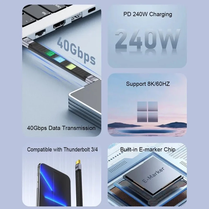 USB4 숏 케이블 40Gbps 데이터 전송 240W PD 고속 충전 썬더볼트 4/3 앵글 타입 C 케이블 (SSD, 노트북, 맥북 연결용)
