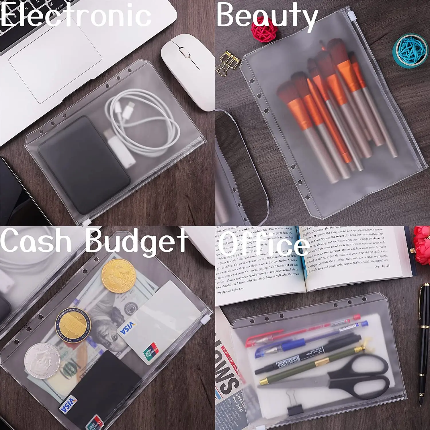 6pcs A5 A6 A7 Cash Envelopes for Budgeting Clear Zipper Folders Binder Pockets Loose Leaf Bag for 6-Hole Pouch Document Filing