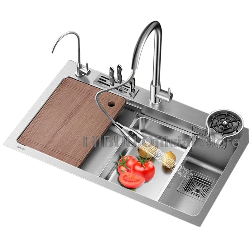 304 Stainless Steel Kitchen Sink Multifunctional Vegetable Workstation Large Capacity Single Bowl Wash/Cut/Drain One Full Set