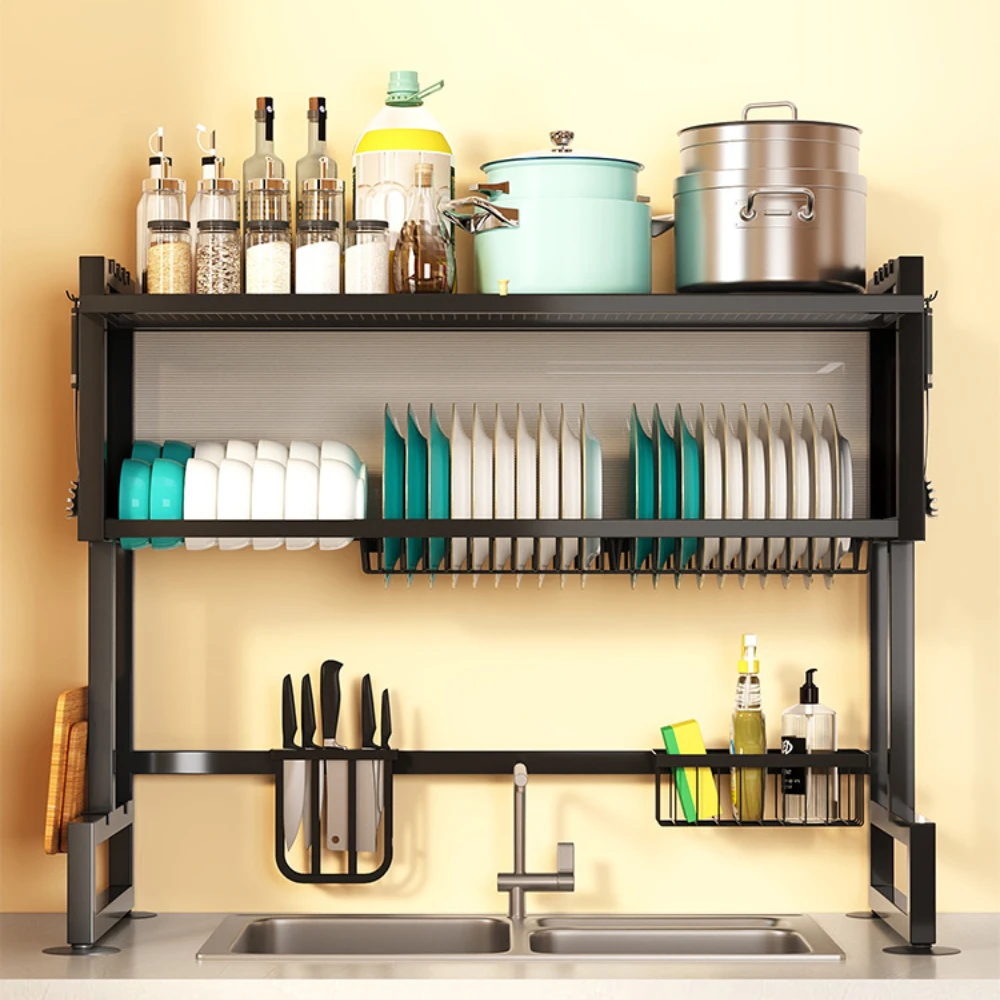 Over Sink Dish Drying Rack Kitchen Stainless Steel Drain Rack Multi Organizer Dust Proof Shelf Over Sink Bowl Plate Storage Rack 6