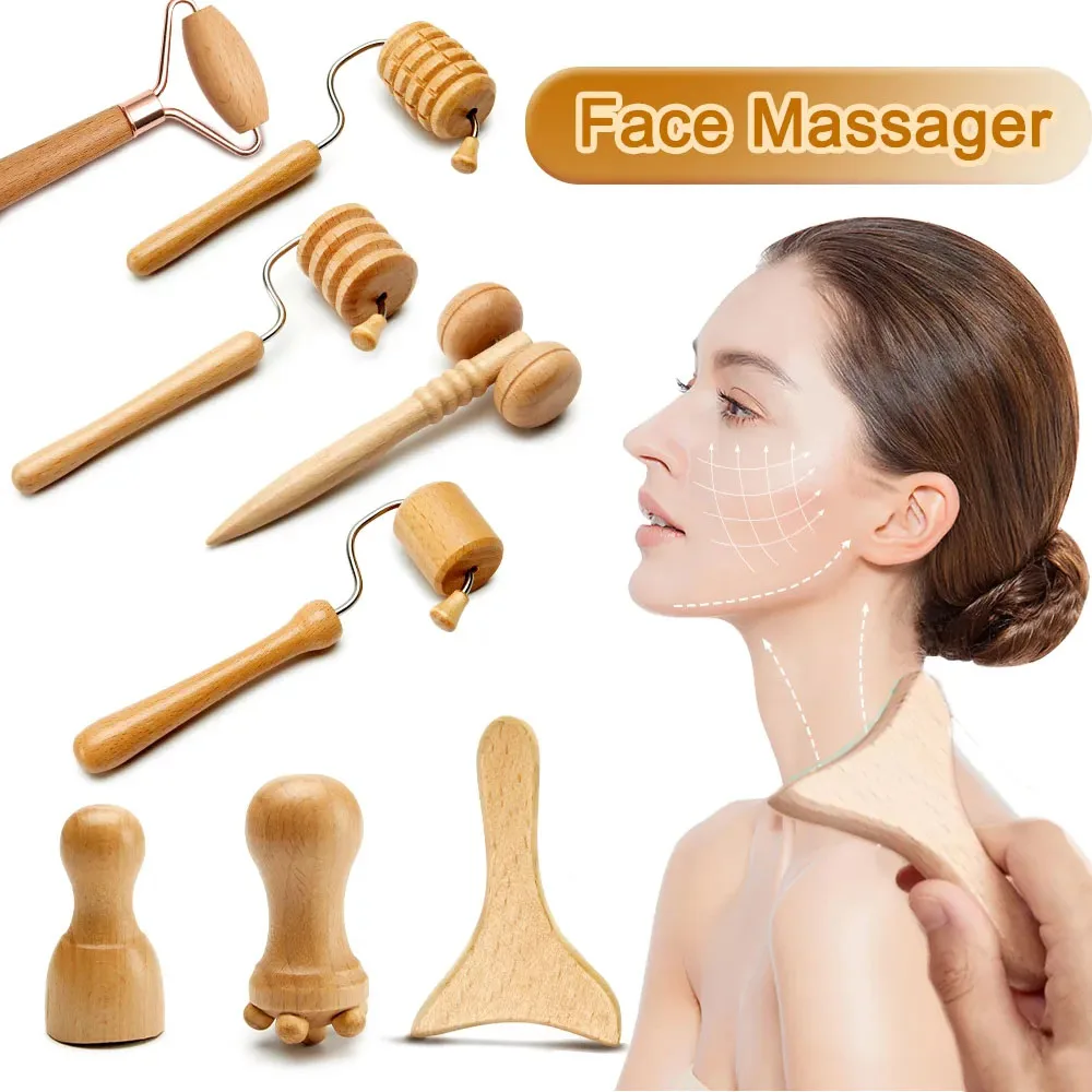 1/7pcs Face Massager  Wooden Face  Face Roller Mini Wood Therapy Face Wood Therapy Meridian Massage Kit Facial Roller Lifting