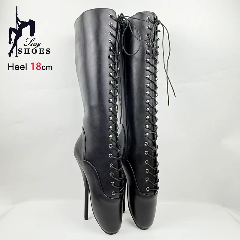 18CM/7Inches Ultra high heel Sexy Ballet High Boots Fetish Lace Up Pole Dance SM Game Shoes Matte Black Women's Mid-calf Boots