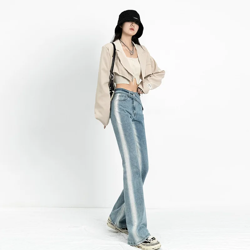 

2022 High Street Retro Hot Girl Weave Jeans Women's Summer Niche Design Sense Gradient Slim High Waist Thin Flared Pants