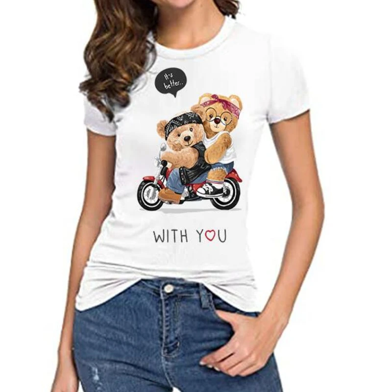 

New Fashion Naughty Bear Print Short Sleeve Women's Top Leggings Casual Crewneck T-shirt for Girls Boys and Children Pro Choice