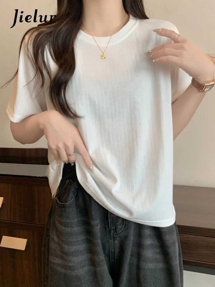 

Jielur Summer Korean Short Sleeve Black White T-shirt Women Fashion Solid Color Loose Top Female O-Neck Casual Cotton T-Shirts