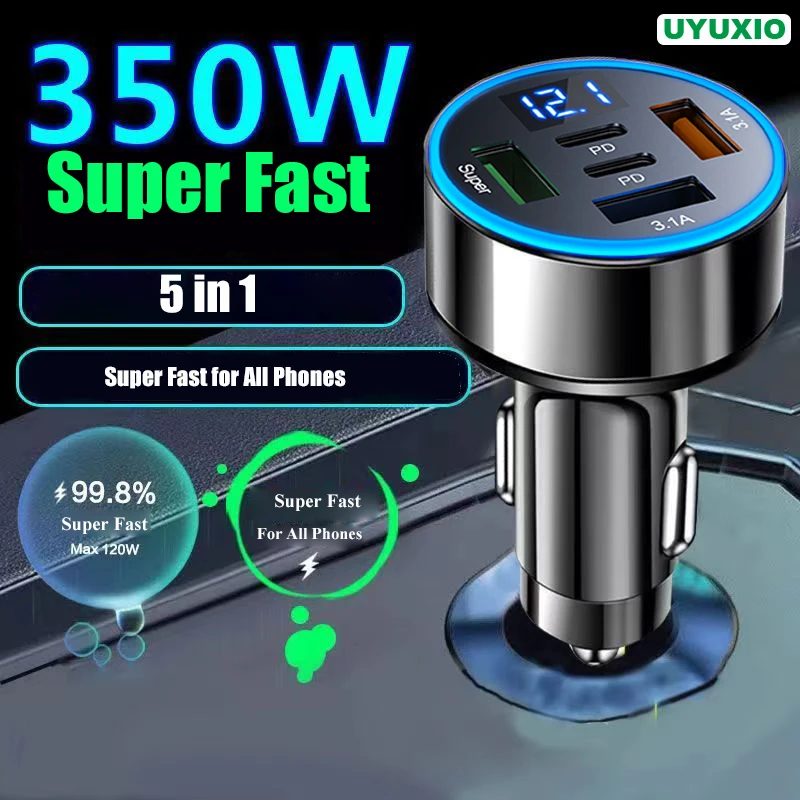 UYUXIO Adaptador de cargador de teléfono para automóvil USB 5 en 1 con pantalla de voltaje Puerto PD dual Carga súper rápida para iPhone Samsung Huawei OPPO