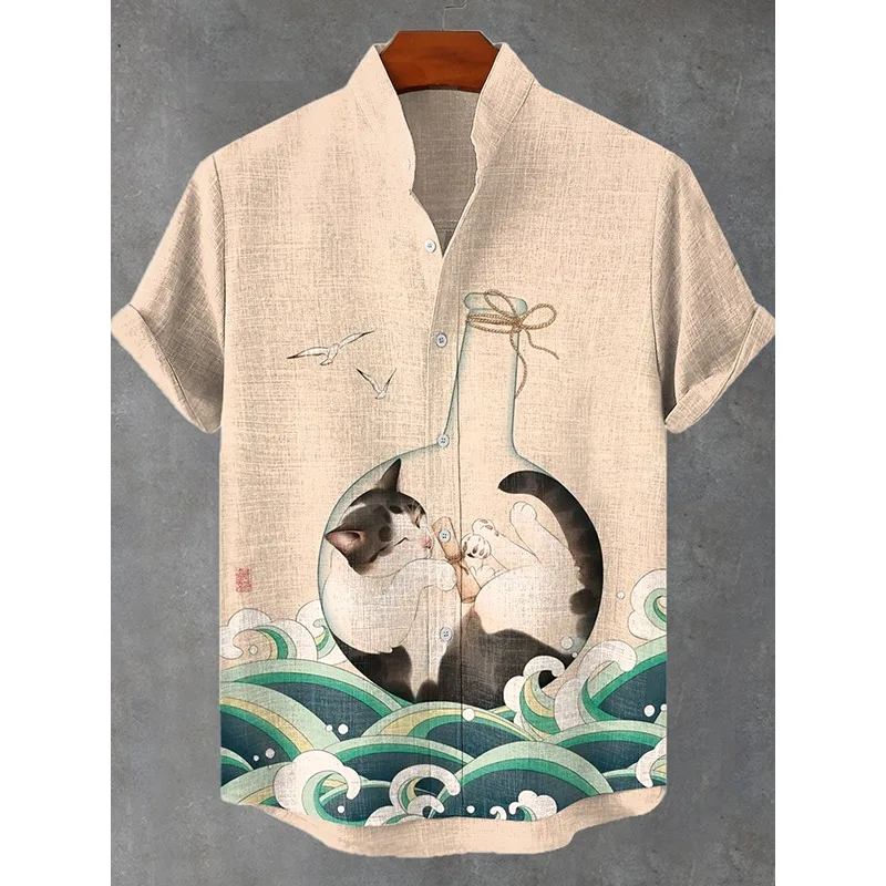 Men's Japanese Ukiyo-e Wave Bottle Cat Art Printed Casual Shirt Harajuku Summer Button Down Casual Shirts Holiday Couple Tops
