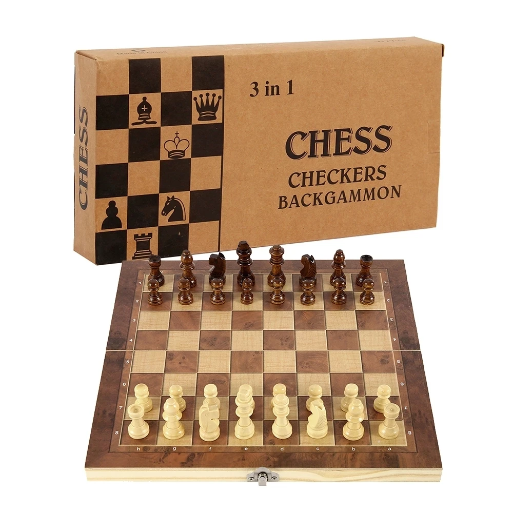 3 in 1 Chess Board, Folding Wooden Portable Chess Game Board, Wooden Board for Adults(Chess + Checkers and Backgammon)