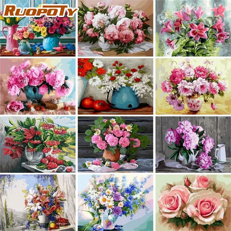 

RUOPOTY DIY Painting By Numbers Flowers Drawing On Canvas HandPainted Paint By Number Art Gift Kits Home Decoration