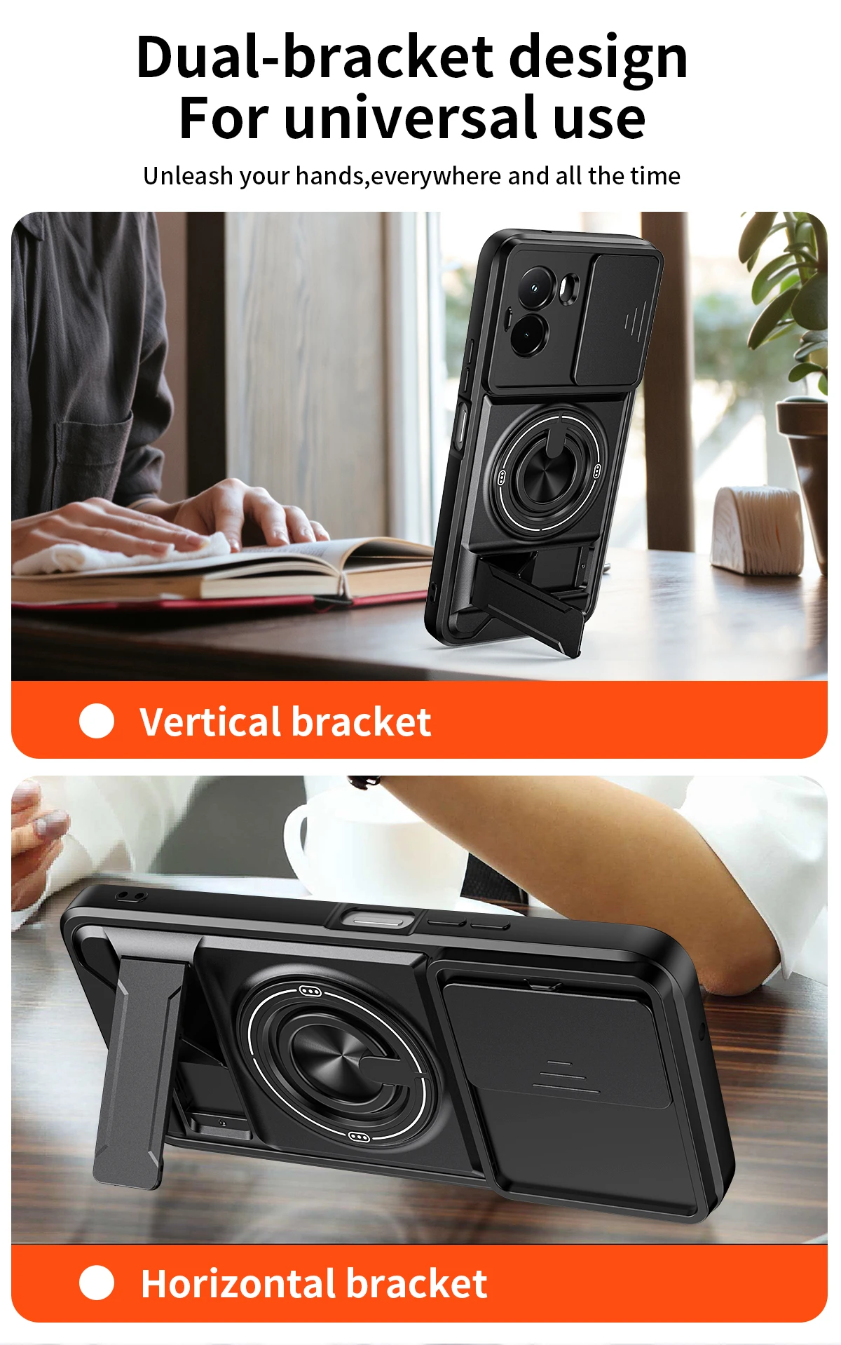 Magnetic Ring Car Mount Phone Case with Sliding Lens Cover and Dual Bracket Design