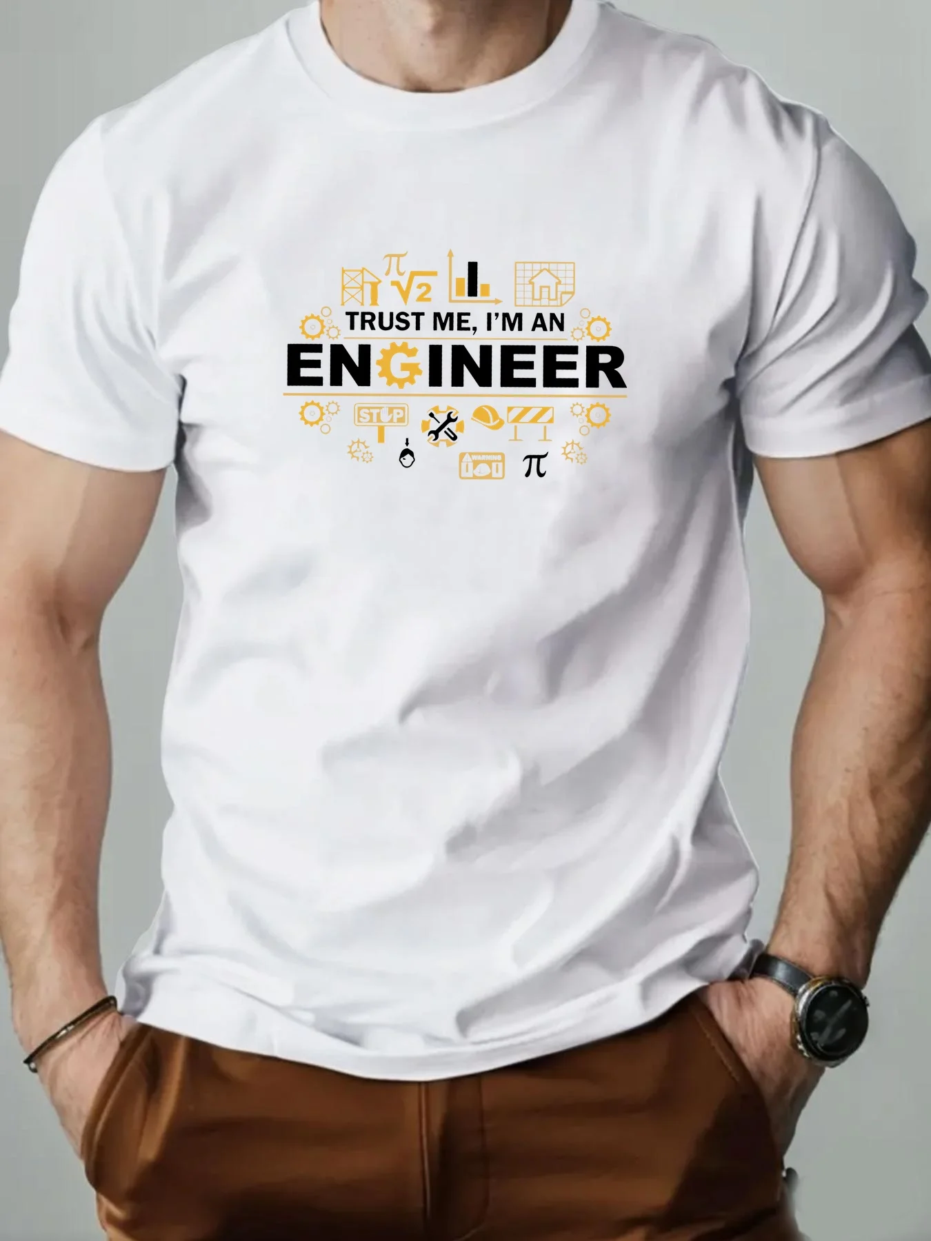 �Vertrauen Sie mir, ich bin Ingenieur“-T-Shirt mit mathematischen Symbolen, bedruckt auf hochwertigem, weichem 100% Baumwoll-Herren-T-Shirt, perfekt für den sommerlichen Freizeitstil.