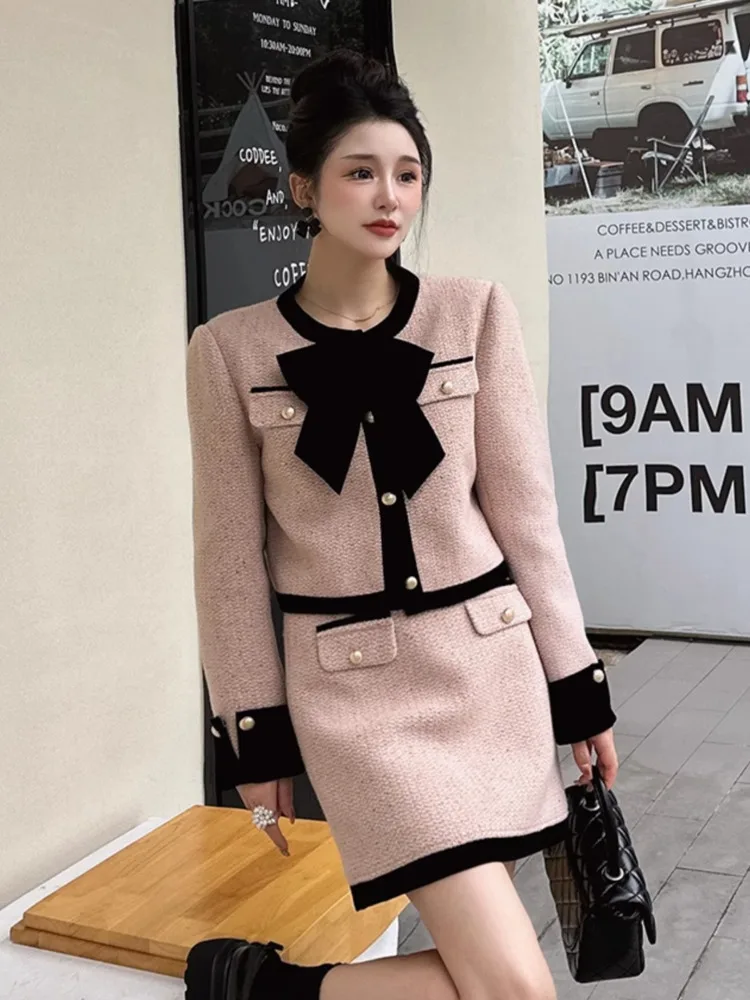 High Quality Thick Warm Winter Outfits For Women Two Piece Set Fashion  Sweet Bow Jacket Coat + Skirt Suits Conjuntos Femininos