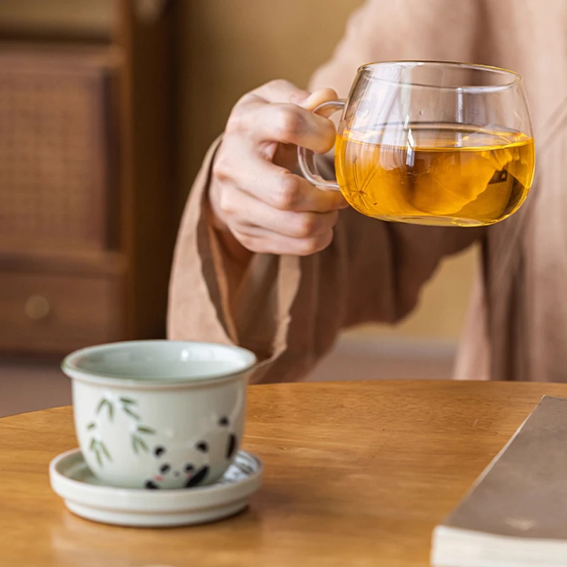 Creative Ceramic Hand Drawn Panda Pattern Cup, Home Office Items, Porcelain Filtered Tea Water Separation, Glass Mug, 350ml, 1Pc