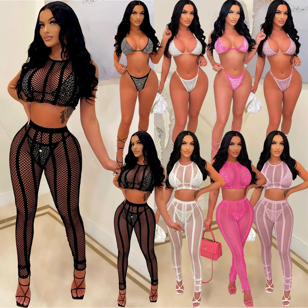 

BKLD Vacation Outfits For Women Diamond Bra Shorts Bikini Set And Mesh Crop Tops Pants 4 Pieces Swimsuits Beach Wear Solid Color