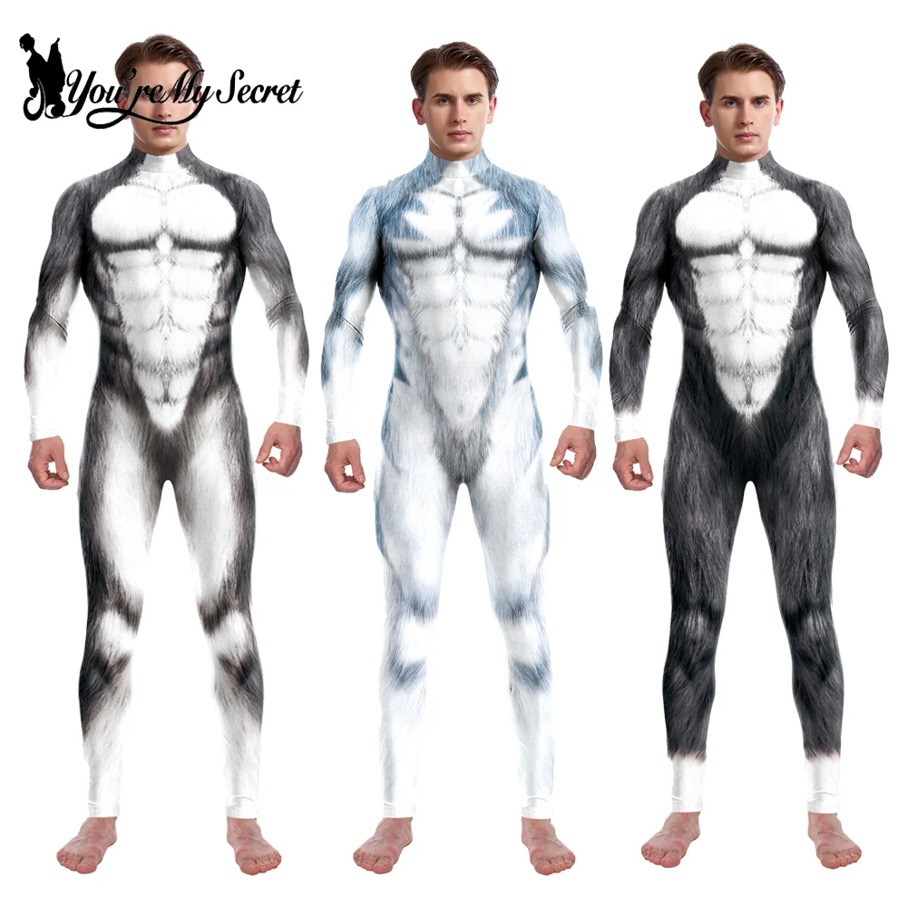 [You're My Secret] Animal Husky Fox Wolf Printed Cosplay Costume Halloween Party Zentai Jumpsuit for Adult Boys Male Bodysuits for cosplay costume