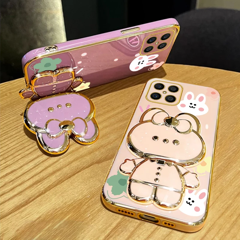 Luxury Floral Rabbit Makeup Mirror Phone Holder Case - Elegant Stand Back Cover