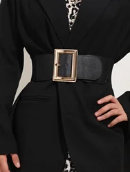 Chic Wide Square Buckle Women's Elastic Waist Belt - 70cm to 85cm (Black)